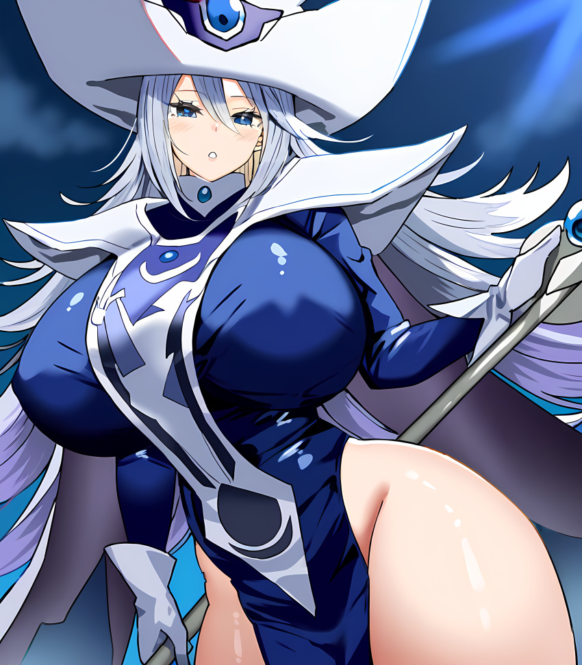 1girl ai_art ai_generated artstyle_imitation ass blue_dress blue_eyes blush breasts covered_nipples dress duel_monster erect_nipples gloves grey_hair hair_between_eyes hat hip_vent huge_ass huge_breasts long_hair looking_at_viewer nai_diffusion novelai pamelafb self_upload silent_magician sky_(freedom)_(ai_style) staff tabard thick_thighs thighs very_long_hair white_gloves wide_hips witch_hat yu-gi-oh! yu-gi-oh!_duel_monsters