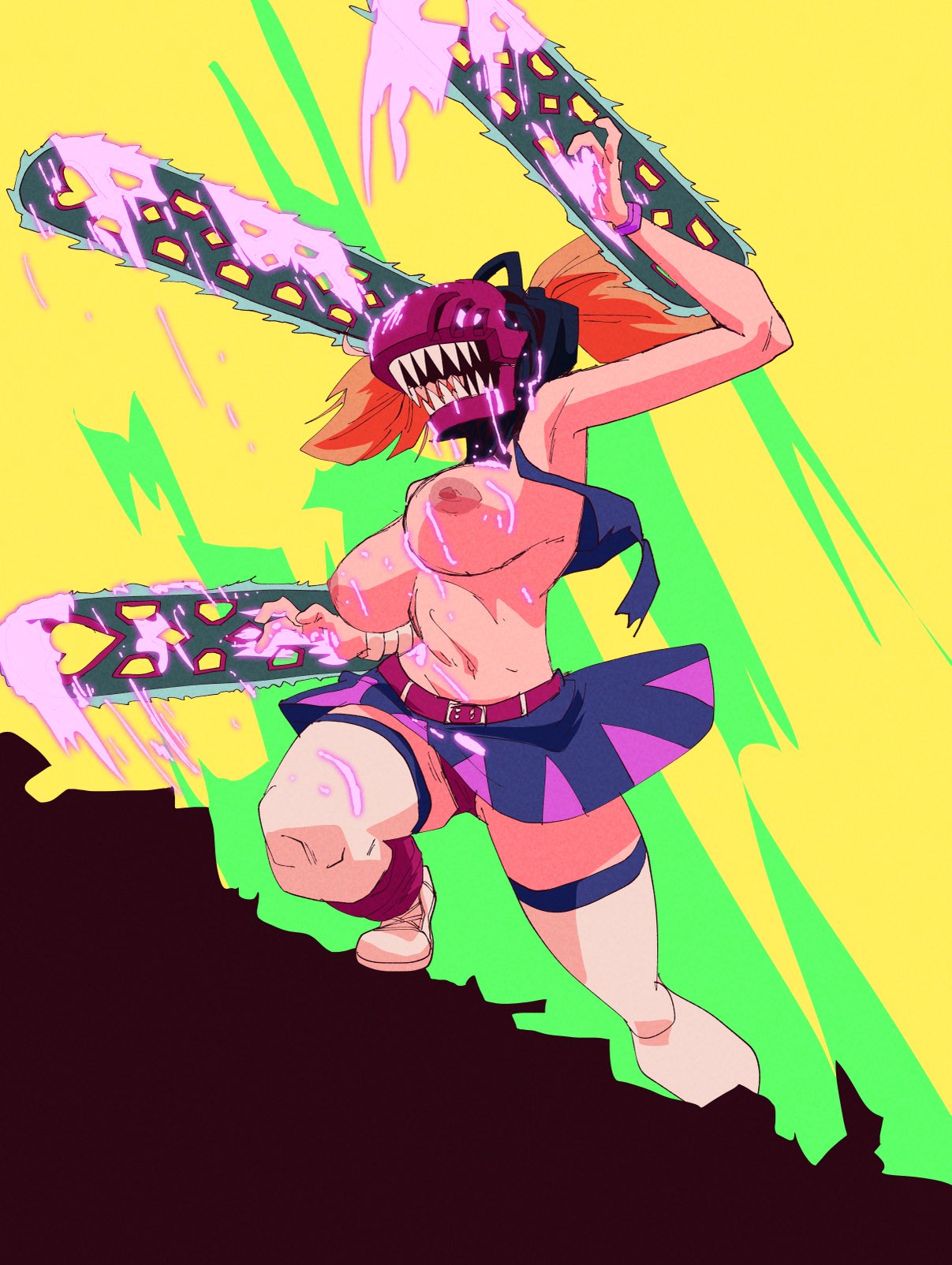 1girl big_breasts breasts chainsaw_man cheerleader coolerinker denji_(chainsaw_man) denji_(chainsaw_man)_(cosplay) fusion inker_comics inkershike juliet_starling lollipop_chainsaw shirt_lift shoes stockings twin_tails