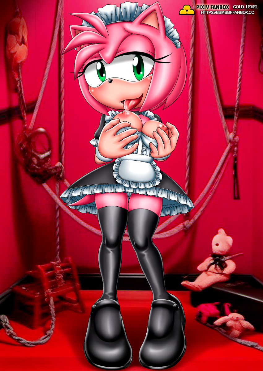 1girl 1girls amy_rose bbmbbf blush breasts breasts_out dress gold_level green_eyes licking_nipples licking_own_nipple maid maid_headdress maid_uniform nipples palcomix pietros_secret_club pink_fur red_background sega self_breast_sucking shoes stockings tongue tongue_out