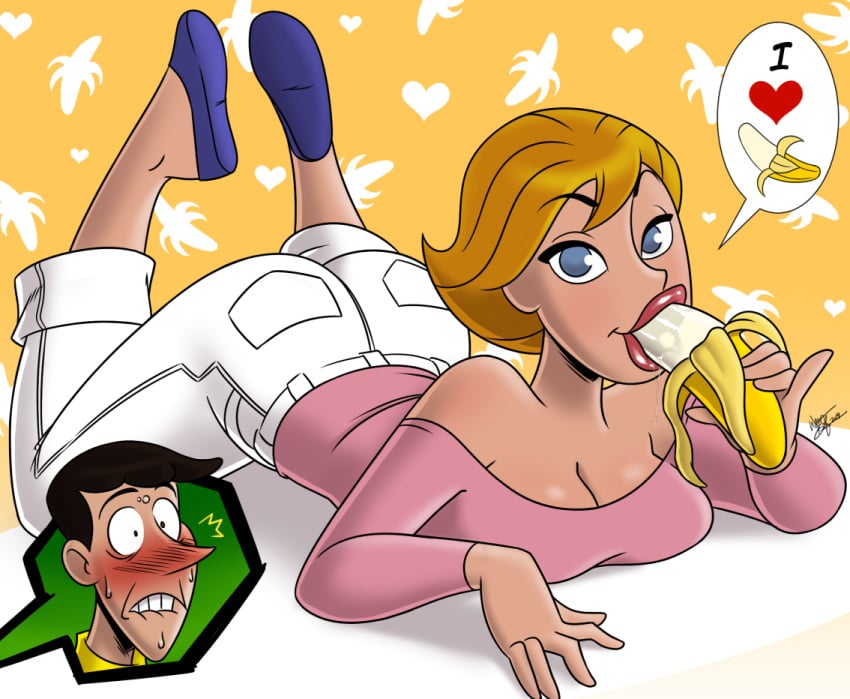 1boy 1boy1girl 1girl 1girl aeolus ass banana big_breasts biting_lip blue_eyes blush breasts cleavage clothed clothing curious_george dialogue hips horny huge_breasts jeans maggie_dunlop on_stomach oral_invitation pants shirt shoes short_hair speech_bubble teasing ted_shackleford teeth the_man_in_the_yellow_hat voluptuous wide_hips