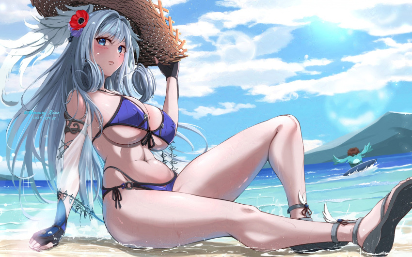 1boy 1girl alluring beach big_breasts bikini blue_bikini blue_eyes flower grey_hair hair_flower hair_ornament hat head_wings high_res looking_at_viewer melia_antiqua mercury_xeno nopon riku_(xenoblade) straw_hat sunglasses swimsuit water wings xenoblade_(series) xenoblade_chronicles_3