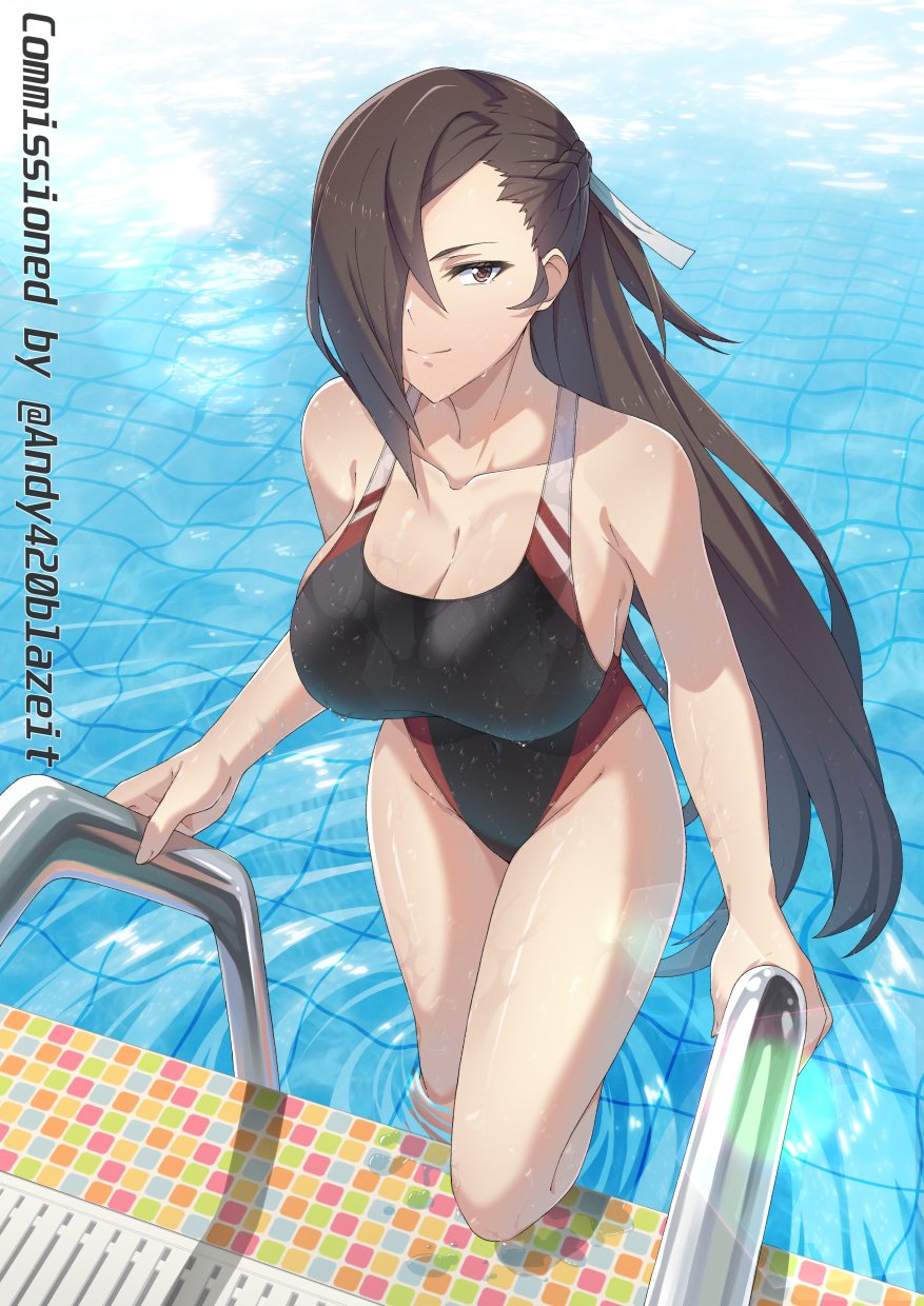 1girl 1girl 1girls alternate_costume bare_shoulders big_breasts bikini black_one-piece_bikini black_swimsuit braid brown_eyes brown_hair cleavage commission day female_only fire_emblem fire_emblem_fates getting_out_of_pool hair_over_one_eye hair_ribbon high_res highleg highleg_swimsuit kagero_(fire_emblem) kunoichi long_hair looking_at_viewer mzrz nintendo one-piece_bikini outside pin_up ponytail pool pool_ladder poolside ribbon smile swimming_pool swimsuit tile_floor tiles very_long_hair water wet