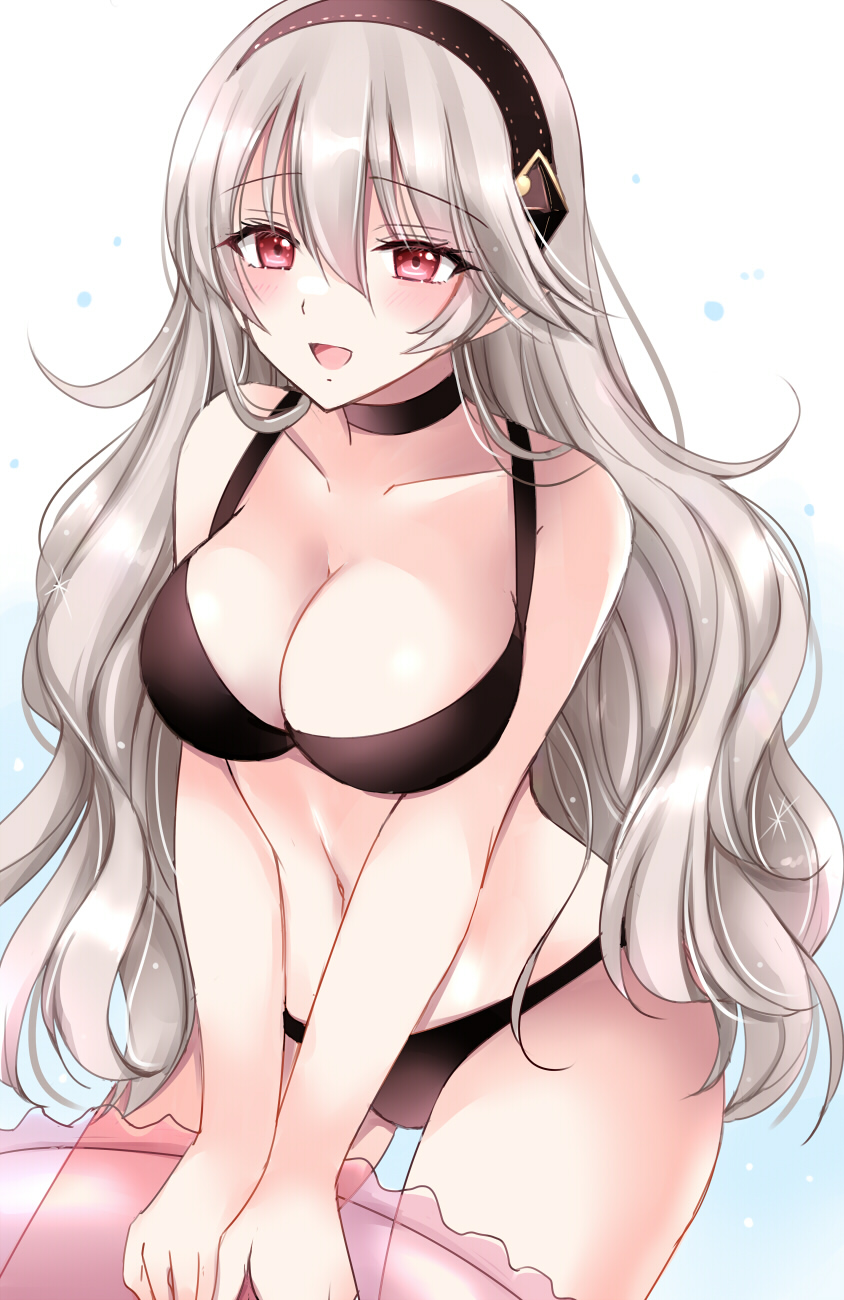 1girl 1girl :d alluring alternate_costume big_breasts bikini black_bikini black_choker black_hairband choker cleavage corrin_(fire_emblem) corrin_(fire_emblem)_(female) cowboy_shot fire_emblem fire_emblem_fates grey_hair hairband high_res kirishima_riona long_hair looking_at_viewer navel nintendo open_mouth pointy_ears red_eyes revision smile standing stomach swimsuit thighs very_long_hair