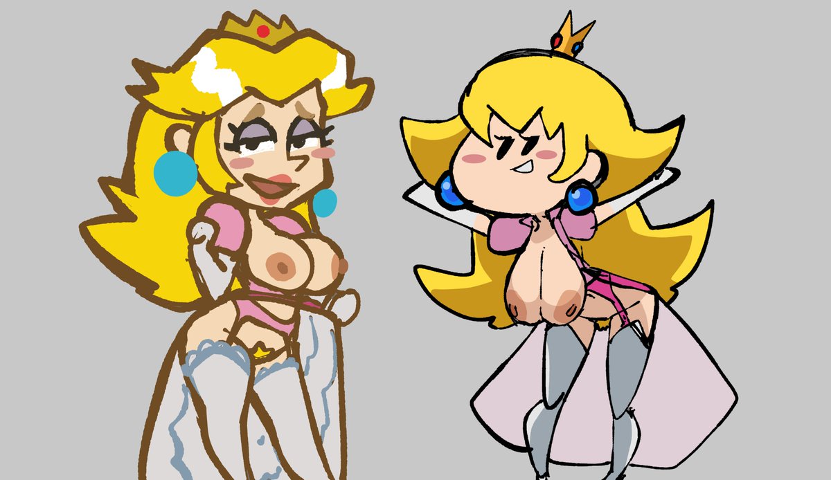 1girl 2_girls big_ass big_breasts bottomless breasts_out cas_van_de_pol cas_van_de_pol_(style) coolerinker duo female_only inkershike mario_(series) multiple_girls nintendo no_bra no_underwear princess_peach princess_peach_(recap) sideass square_crossover style_parody terminalmontage terminalmontage_(style) topwear useless_clothing