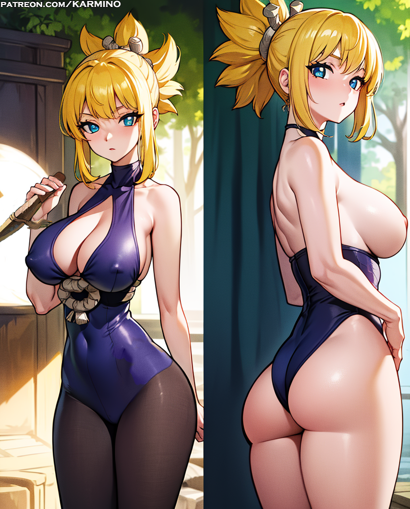 1girl 1girl 1girl ass bangs bare_arms bare_shoulders big_breasts blonde_hair blue_eyes blush breasts cleavage clothing covered_navel dr.stone dress from_behind hair_ornament highleg holding holding_weapon knife kohaku_(dr.stone) leotard long_hair looking_at_viewer nipples one-piece_swimsuit pantyhose parted_lips ponytail reverse_grip sideboob sidelocks sleeveless standing swimsuit thick_thighs thighs tied_hair weapon