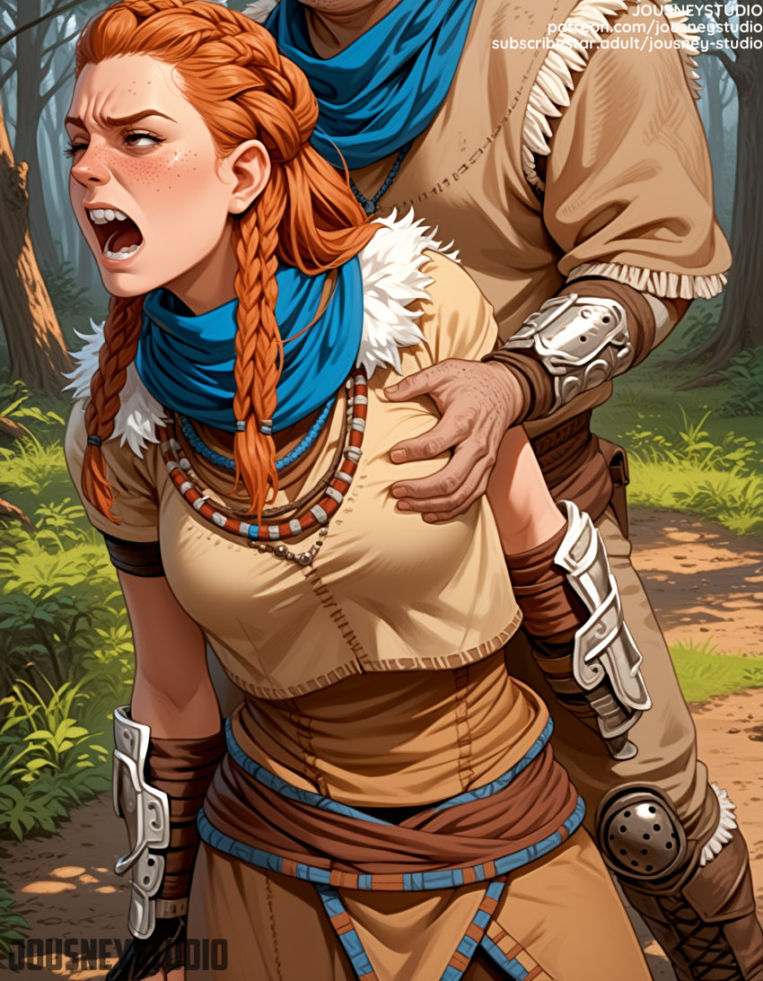 1boy 1girl 1girl ai_generated aloy aloy_(horizon) arm_guards armor big_breasts blush braid breast_grab breasts clothing dark_skin day elbow_pads english_text fingerless_gloves forehead forest freckles fur_collar gloves grabbing grass hair_over_shoulder hetero horizon horizon_zero_dawn implied_sex jewelry jousneystudio knife leather leather_gloves lips long_hair male medium_breasts nature necklace nose open_mouth orange_hair outside scarf solo_focus teeth tied_hair tree twin_braids weapon