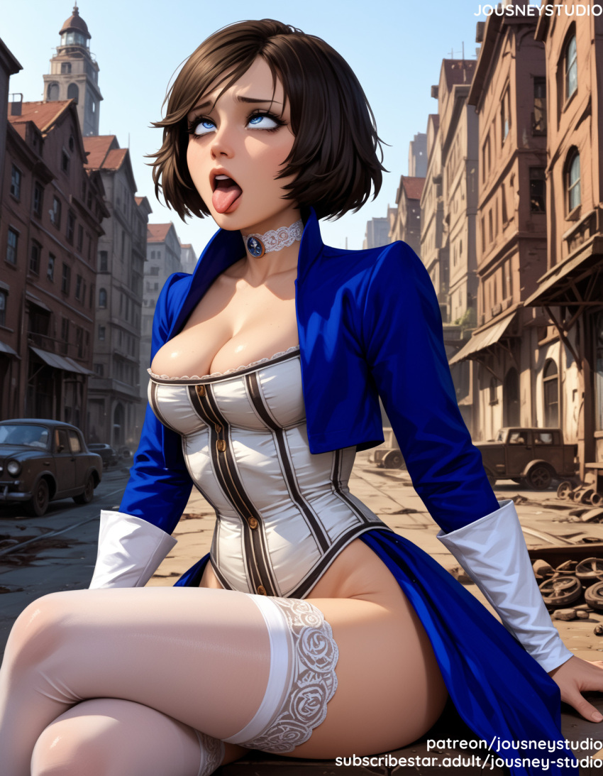 1girl 1girl 1girl ahegao ai_generated arm_support bangs big_breasts bioshock bioshock_infinite black_hair blue_eyes blue_sky breasts brown_hair building car choker city cityscape cleavage clothing cloud corset cropped_jacket crossed_legs day detached_sleeves dress elizabeth elizabeth_(bioshock_infinite) elizabeth_comstock female_only ground_vehicle jacket jewelry jousneystudio legwear lips long_sleeves looking_at_viewer looking_up makeup medium_breasts motor_vehicle open_mouth outside short_hair sitting sky stockings thighs tongue tongue_out white_thighhighs