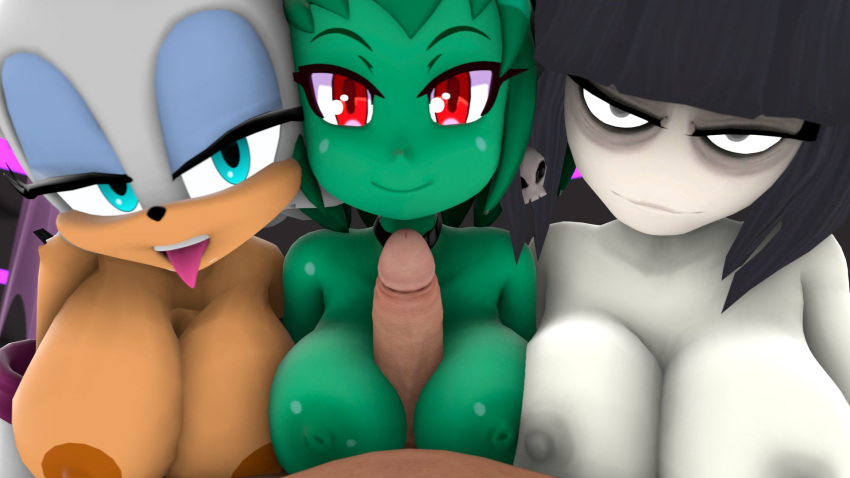 3_girls adult_swim anthro bedroom_eyes big_breasts creepy_susie dominant_female goth goth_girl looking_at_viewer nude paizuri pov pov_eye_contact rottytops rouge_the_bat seductive_look sega shantae_(series) sonic_the_hedgehog_(series) submissive_pov the_oblongs zombie_girl