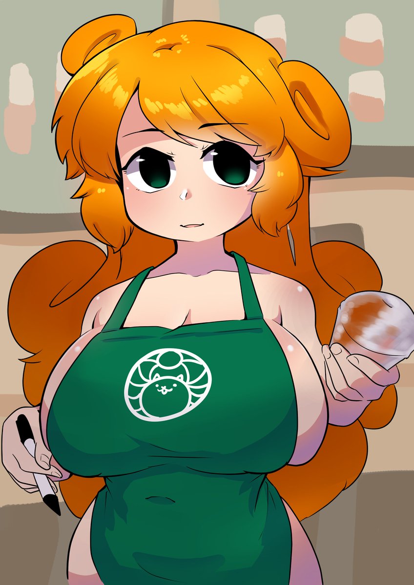 1girl 1girls apron ass big_ass big_boobs big_breasts boobs breasts curvy cute cute_face cute_smile green_eyes happy holding_cup holding_pen kai_(battle_cats) long_hair looking_at_viewer no_bra no_panties orange_hair smile the_battle_cats white_skin