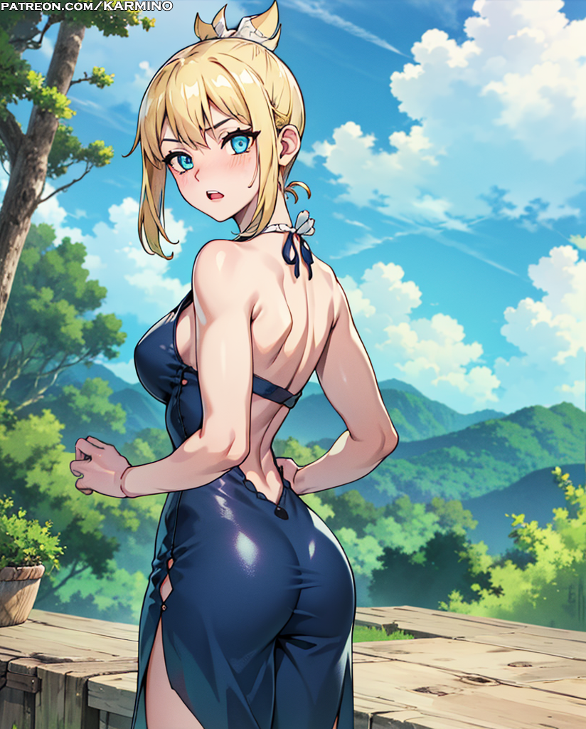 1girl ai_generated ass back bangs bare_arms bare_shoulders big_breasts blonde_hair blue_dress blue_eyes blue_sky blush breasts clothing cloud day dr._stone dress from_behind hair_bun halter_dress halterneck karmino kohaku_(dr._stone) long_hair looking_at_viewer looking_back median_furrow medium_breasts mountain mountainous_horizon open_mouth outside ponytail short_hair shoulder_blades side_slit sideboob sidelocks single_hair_bun sky sleeveless sleeveless_dress standing sweatdrop thighs tied_hair tree