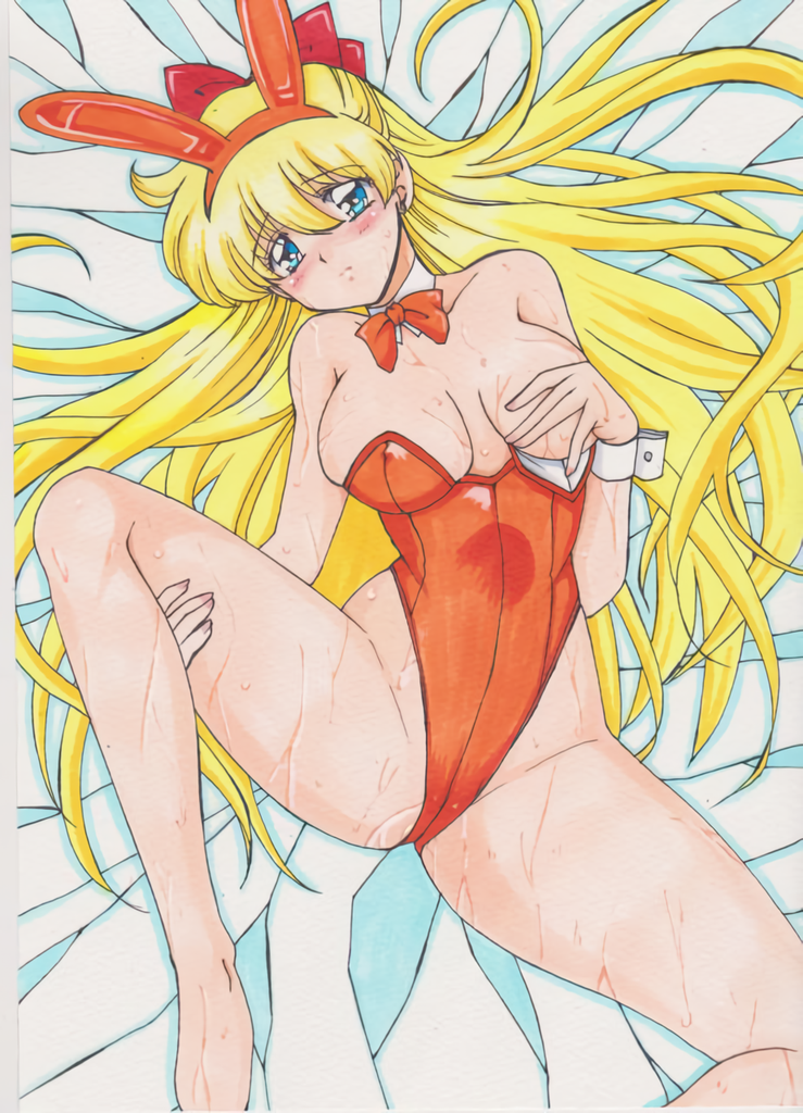 1girl 1girl 1girl alluring bed big_breasts big_breasts bishoujo_senshi_sailor_moon blonde_hair blue_eyes blush bow bowtie bunny bunny_ears bunny_girl bunny_outfit bunny_suit clothed clothing covering covering_breasts cuffs female_only hands leg_lift legs long_hair lying_down minako_aino rascal_(n119) shy spread_legs spread_legs sweat thighs very_long_hair