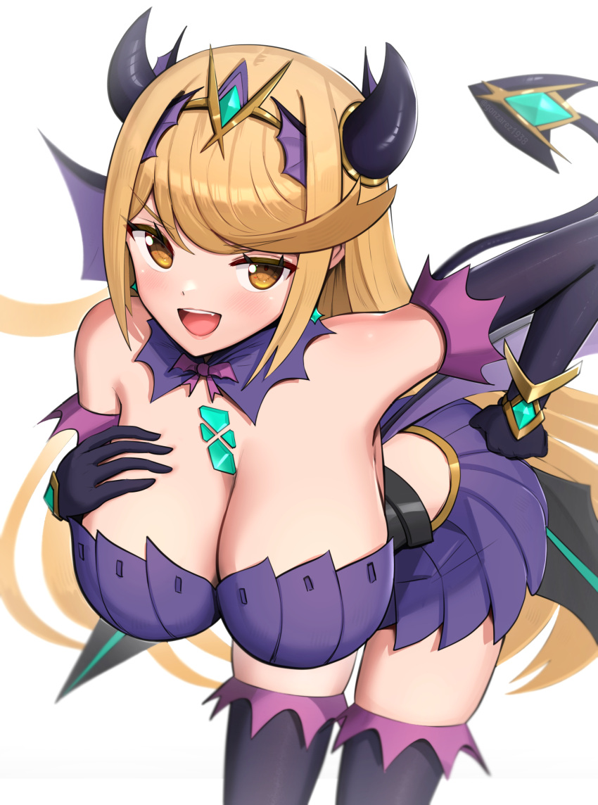 1girl 1girl alluring bangs bending_over big_breasts blonde_hair cleavage core_crystal gold_eyes gonzarez halloween heroine high_res horns leaning_forward light-skinned_female light_skin long_hair looking_at_viewer mythra nintendo succubus succubus_costume swept_bangs tail tail_accessory xenoblade_(series) xenoblade_chronicles_2