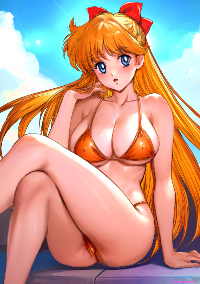 1girl alluring bare_legs big_breasts bikini bishoujo_senshi_sailor_moon blonde_hair blue_eyes bow cleavage hair_ribbon long_hair minako_aino oyaman sitting swimsuit voluptuous