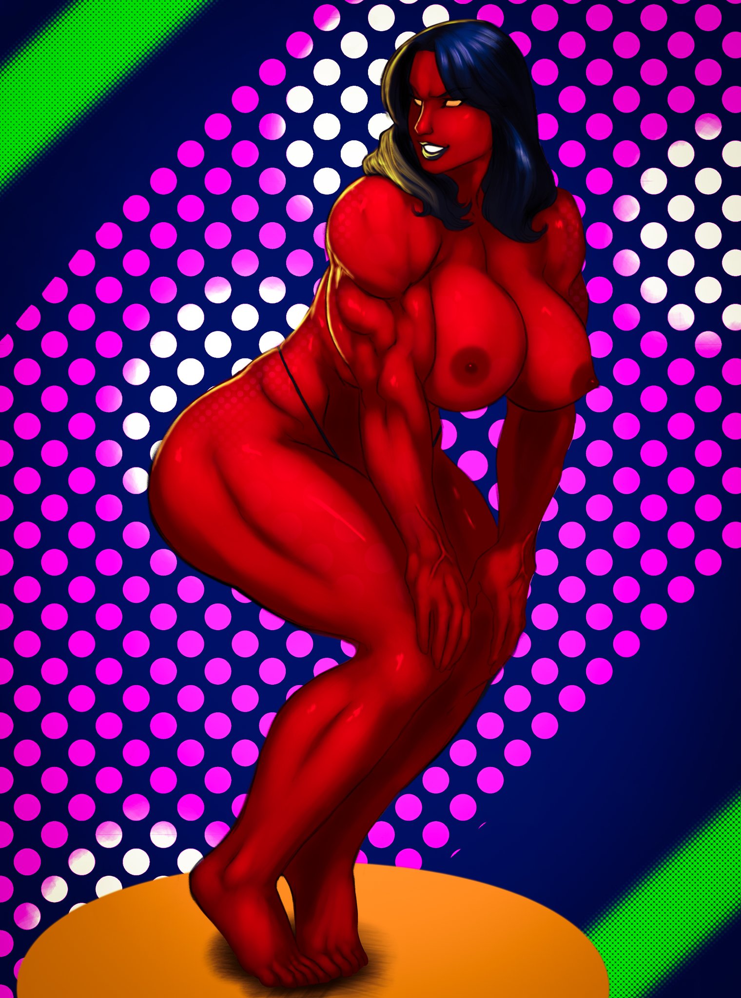 angry big_ass big_breasts black_hair colorful_background red_she-hulk twerking unknown_artist veins yellow_eyes