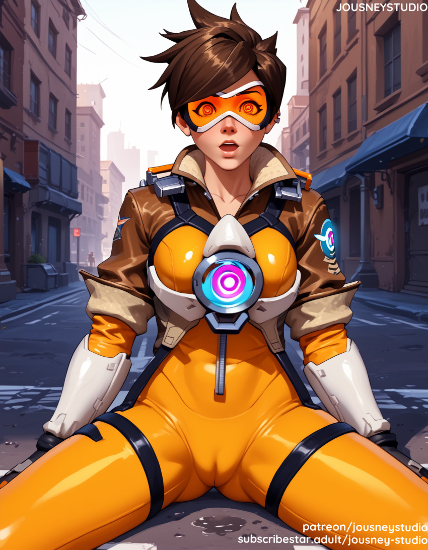 1girl 1girl 1girl ai_generated bangs big_breasts blue_sky blush bodysuit breasts brown_eyes brown_hair building cameltoe city cityscape clothing cloud day english_text eyewear female_only gloves goggles jacket jousneystudio lips looking_at_viewer medium_breasts open_mouth orange_bodysuit outside overwatch overwatch_2 parted_lips pilot_suit science_fiction short_hair sitting skin_tight sky spread_legs thighs tracer tracer_(overwatch)