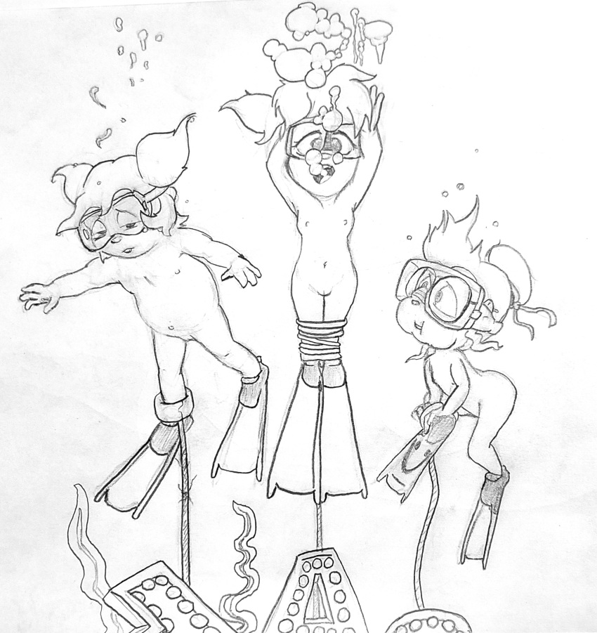 3girls alvin_and_the_chipmunks brittany_miller bubbles chipettes chipmunk cub drawing drowned drowning dtcg eleanor_miller fanart female females half-closed_eyes jeanette_miller looking_up monochrome navel nipples nude peril rodents scuba_gear tied_down traditional_media_(artwork) underwater