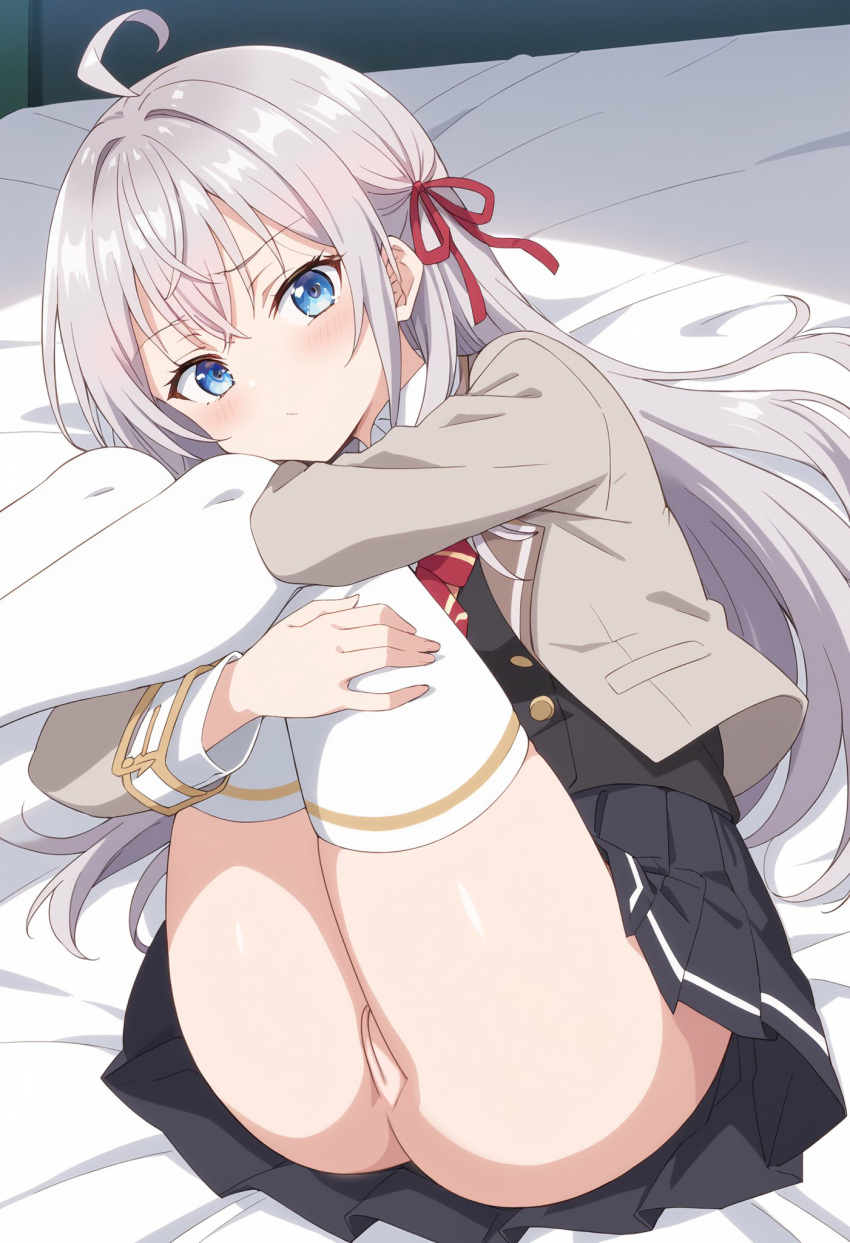 alisa_mikhailovna_kujou ass blue_eyes gray_hair hugging_own_legs legs_up long_hair looking_at_viewer nekom14 no_panties pussy school_uniform tokidoki_bosotto_roshia-go_de_dereru_tonari_no_alya-san upskirt white_thighhighs