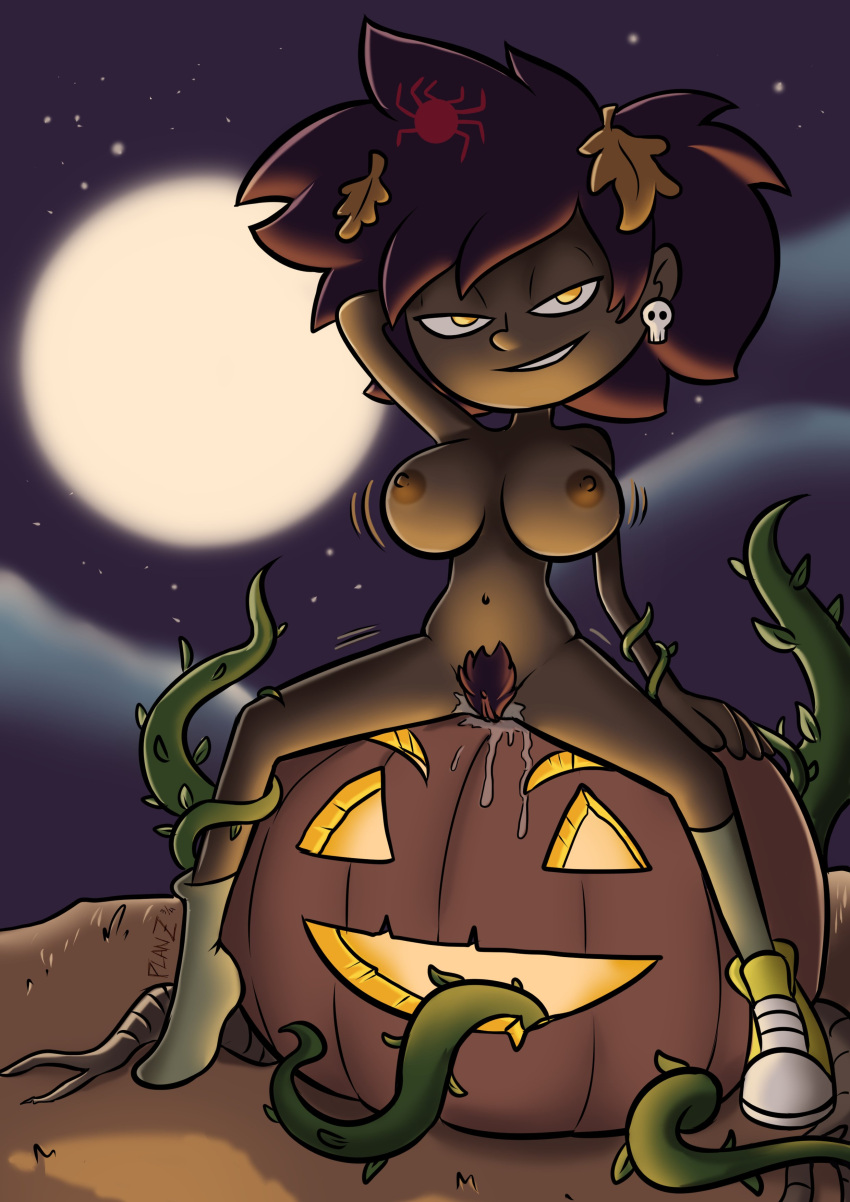 1girl 2d 2d_(artwork) 2d_artwork amphibia anne_boonchuy bedroom_eyes big_breasts big_breasts big_breats breasts brown_hair dark-skinned_female dark_skin disney excessive_pubic_hair excessive_pussy_juice halloween huge_breasts leaves looking_at_viewer moon night nude outside planz34 pubes pubic_hair pumpkin pussy_hair sitting smirk smirking smirking_at_viewer spider spread_legs stars vine vines