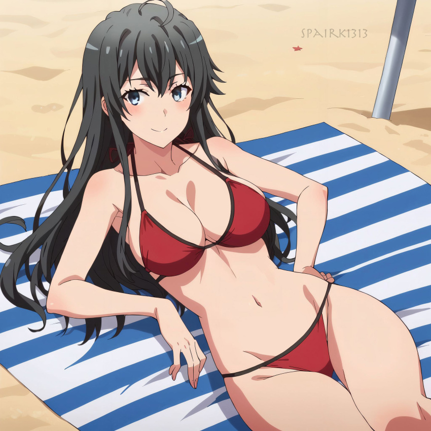 1girl alluring bare_legs big_breasts bikini blue_eyes cleavage ocean on_beach_towel pin_up sand silf spairk1313 yahari_ore_no_seishun_lovecome_wa_machigatteiru. yukinoshita_yukino