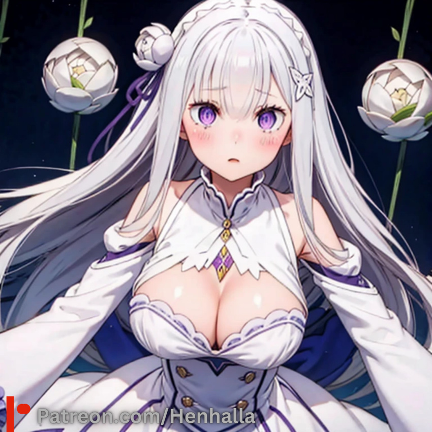 big_breasts breasts dress emilia emilia_(re:zero) henhalla purple_eyes shy silver_hair young younger_female