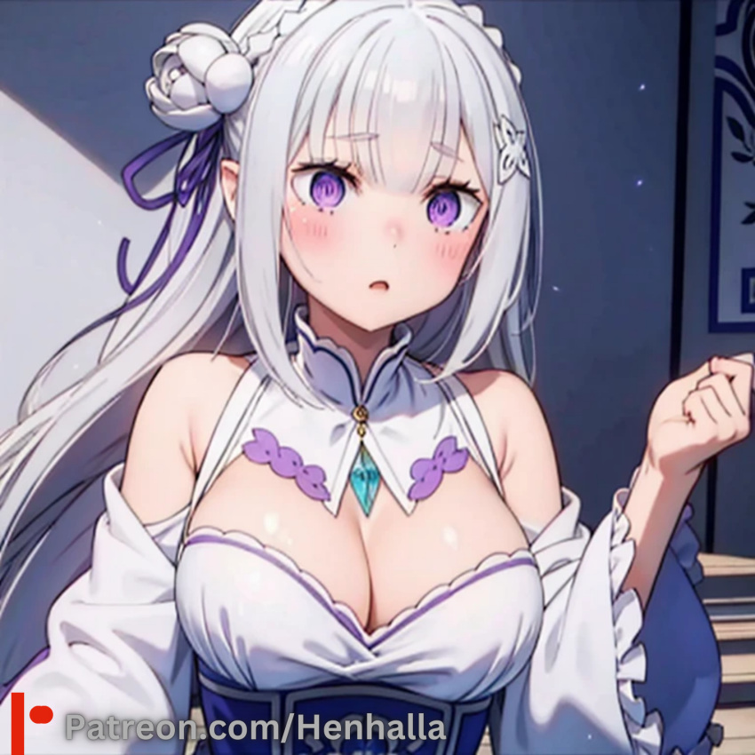 big_breasts breasts dress emilia emilia_(re:zero) henhalla purple_eyes shy silver_hair young younger_female