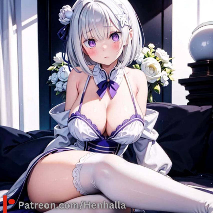 big_breasts breasts dress emilia emilia_(re:zero) henhalla purple_eyes shy silver_hair young younger_female