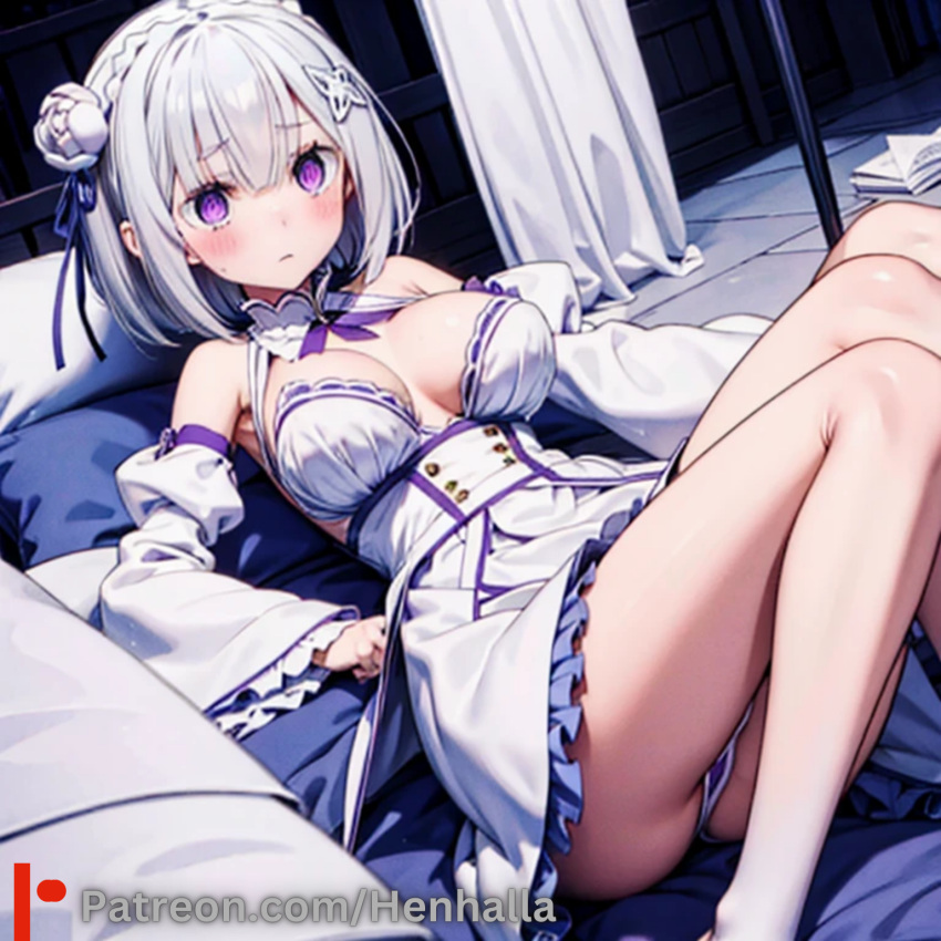 big_breasts breasts dress emilia emilia_(re:zero) henhalla purple_eyes shy silver_hair young younger_female