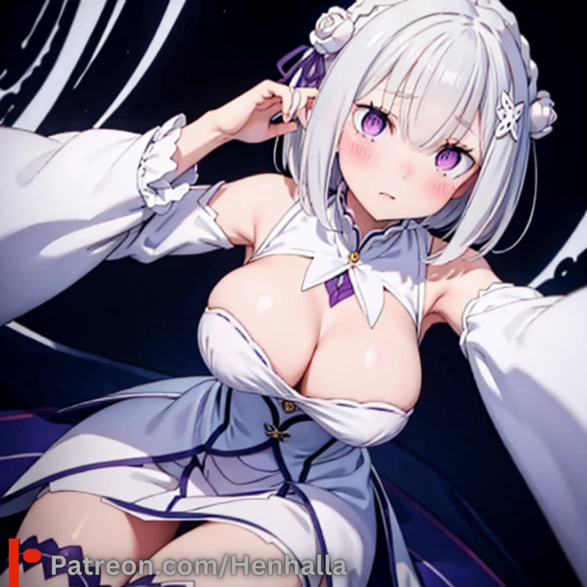 big_breasts breasts dress emilia emilia_(re:zero) henhalla purple_eyes shy silver_hair young younger_female