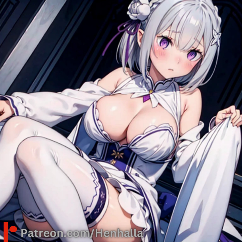 big_breasts breasts dress emilia emilia_(re:zero) henhalla purple_eyes shy silver_hair young younger_female