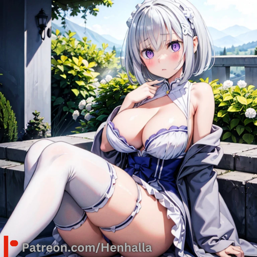 big_breasts breasts dress emilia emilia_(re:zero) henhalla purple_eyes shy silver_hair young younger_female