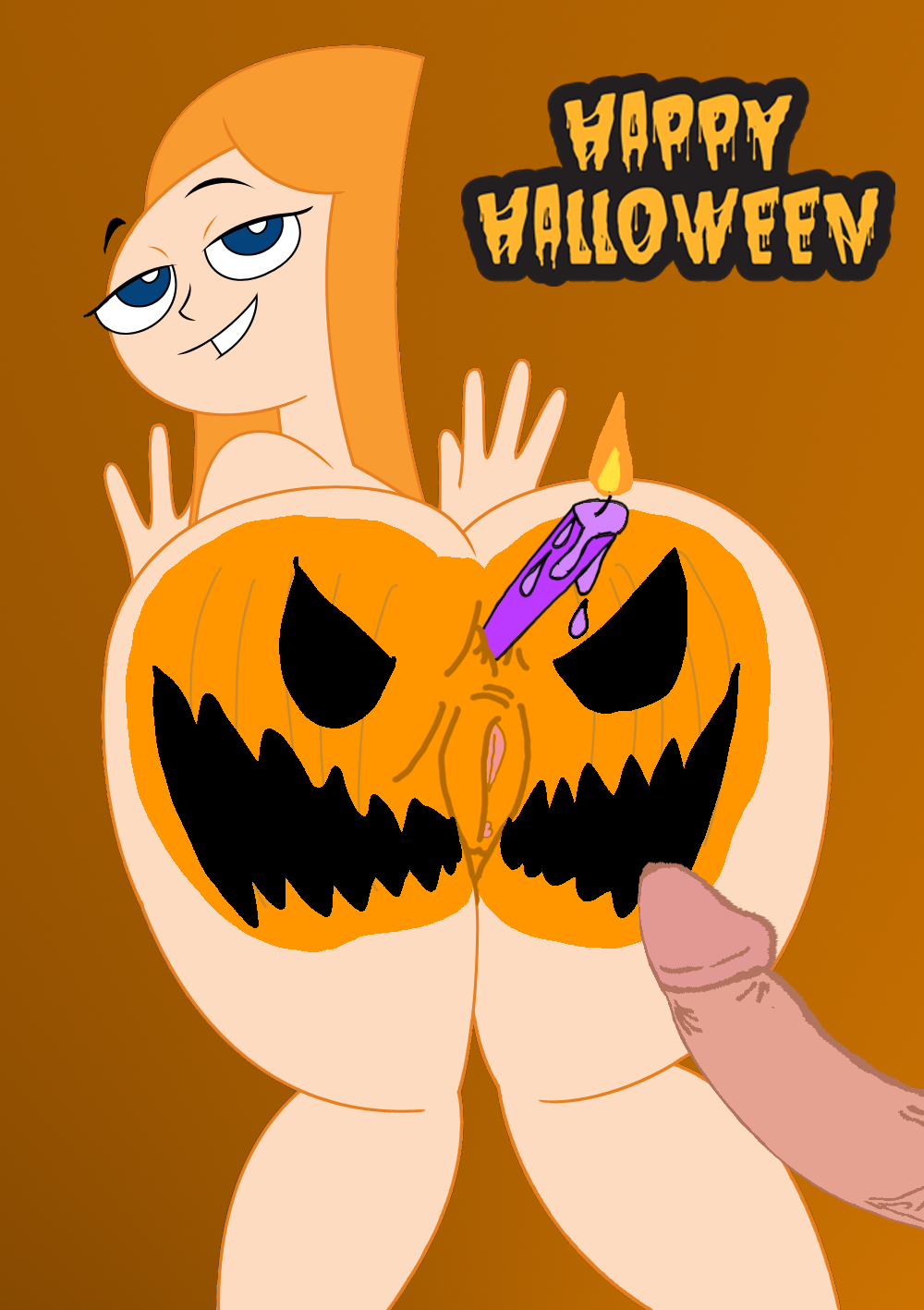 1boy 1girl 2024 anus ass candace_flynn candle candle_wax cndhpr disney disney_channel edit female_only halloween halloween_costume jack-o'-lantern jeremy_johnson object_in_ass penis phineas_and_ferb pumpkin pumpkin_butt screenshot