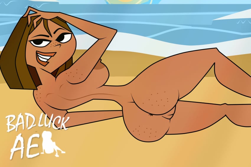 1girl 2d ass badluckae big_breasts brown_hair bubble_butt courtney_(tdi) dark-skinned_female dark_skin female_focus female_only freckles hispanic hispanic/latina_female hourglass_figure latina short_hair sideboob smile total_drama_island wide_hips