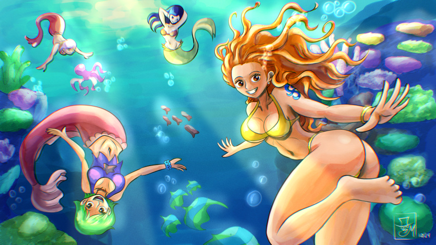 4girls ass big_ass big_breasts bikini bracelet breasts bubbles camie_(one_piece) character_request cleavage feet female female_only freediving human humanoid jewelry looking_at_viewer merfolk mermaid mermaid_tail metalytar multiple_girls nami_(one_piece) navel necklace ocean one_piece sea small_breasts swimming swimsuit tail tattoo thong thong_bikini underwater water yellow_bikini yellow_swimsuit yellow_thong