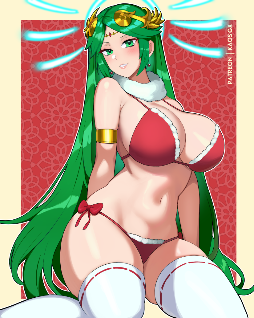 1girl 1girl alluring armlet big_breasts bikini blush christmas green_eyes green_hair grin hair_ornament jewelry kaos_art kid_icarus long_hair looking_at_viewer navel nintendo palutena red_bikini santa_bikini simple_background smile stockings swimsuit thighs white_thighhighs