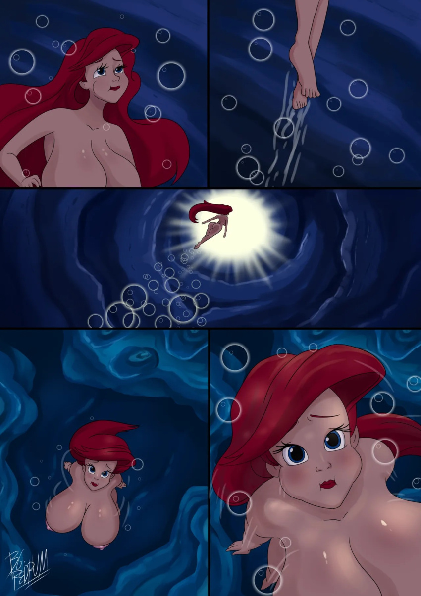 1girl 1girl ass big_breasts breasts bubble_butt bubbles comic disney drowning eyebrows eyelashes female_human female_only human lipstick magic mermaid navel nipples princess_ariel pussy red_hair red_lipstick swimming the_little_mermaid underwater