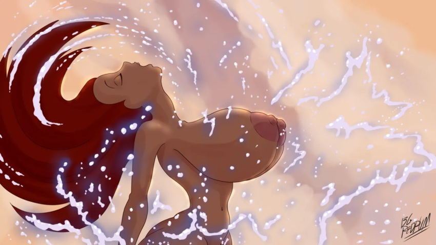 1girl 1girl big_breasts breasts closed_eyes disney disney_princess eyebrows eyelashes female_only navel open_mouth princess_ariel red_hair the_little_mermaid topless topless_female wet wet_hair