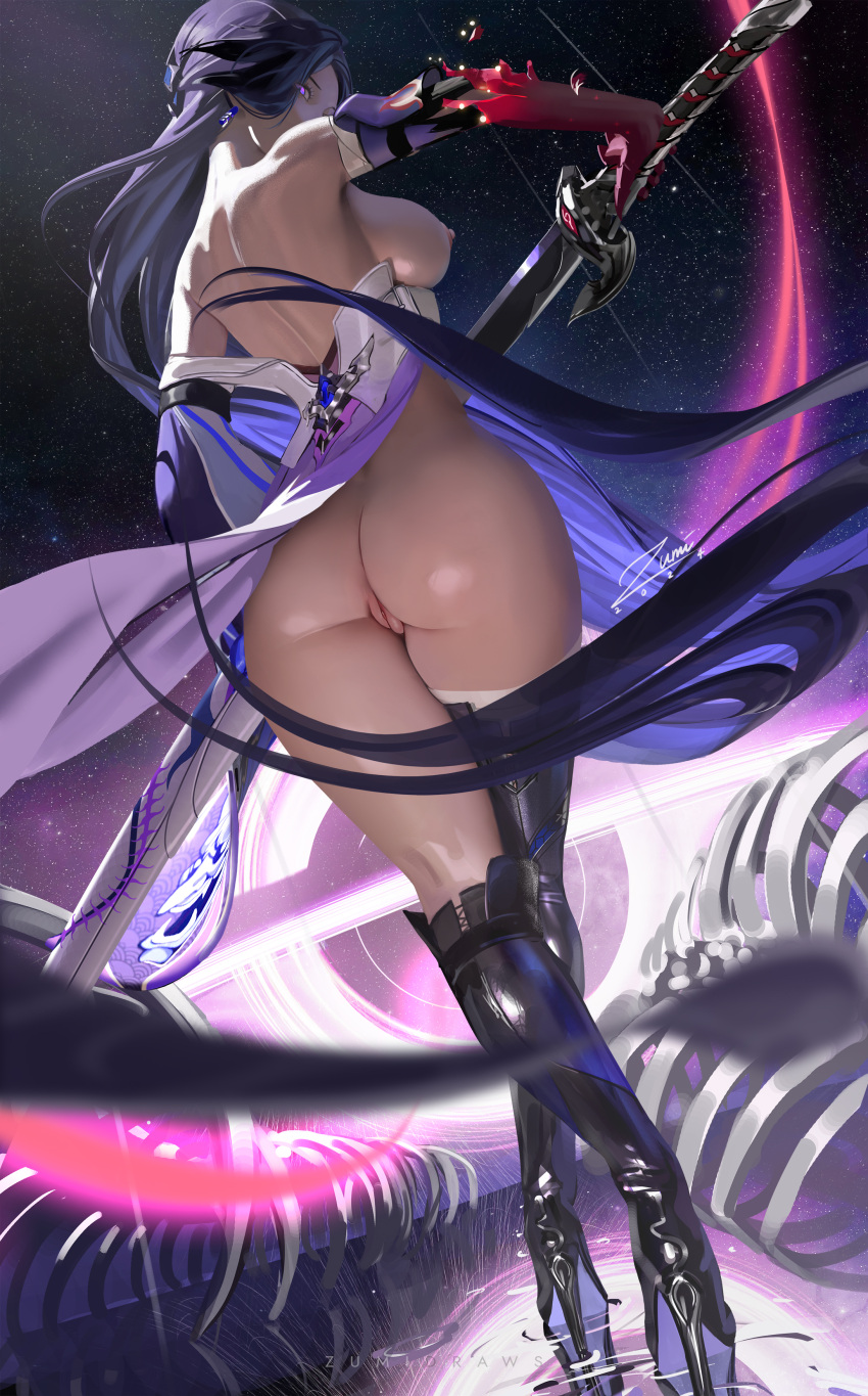 1girl acheron_(honkai:_star_rail) big_breasts bubble_butt cleavage honkai:_star_rail honkai_(series) horny inviting_to_sex looking_at_viewer naked naked_female nude nude_female pose purple_eyes purple_hair shaved_pussy standing teasing thick_thighs zumi_(artist)