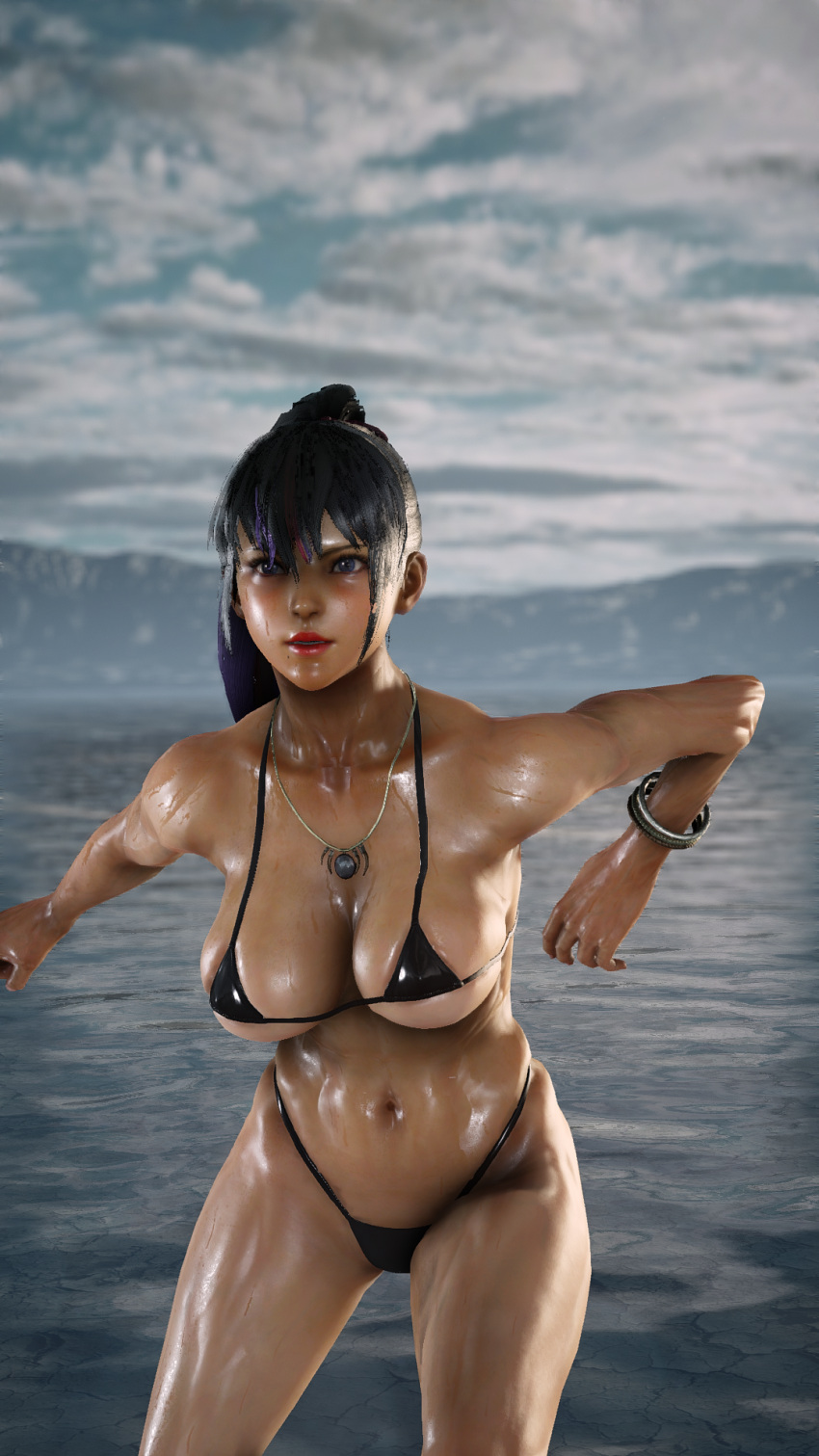 1girl alluring athletic_female big_breasts bikini black_and_red_and_purple_hair envy15re2lm female_abs fit_female insanely_hot kunimitsu_ii kunoichi lavender_eyes micro_bikini mod namco pin_up ponytail posing tekken under_boob