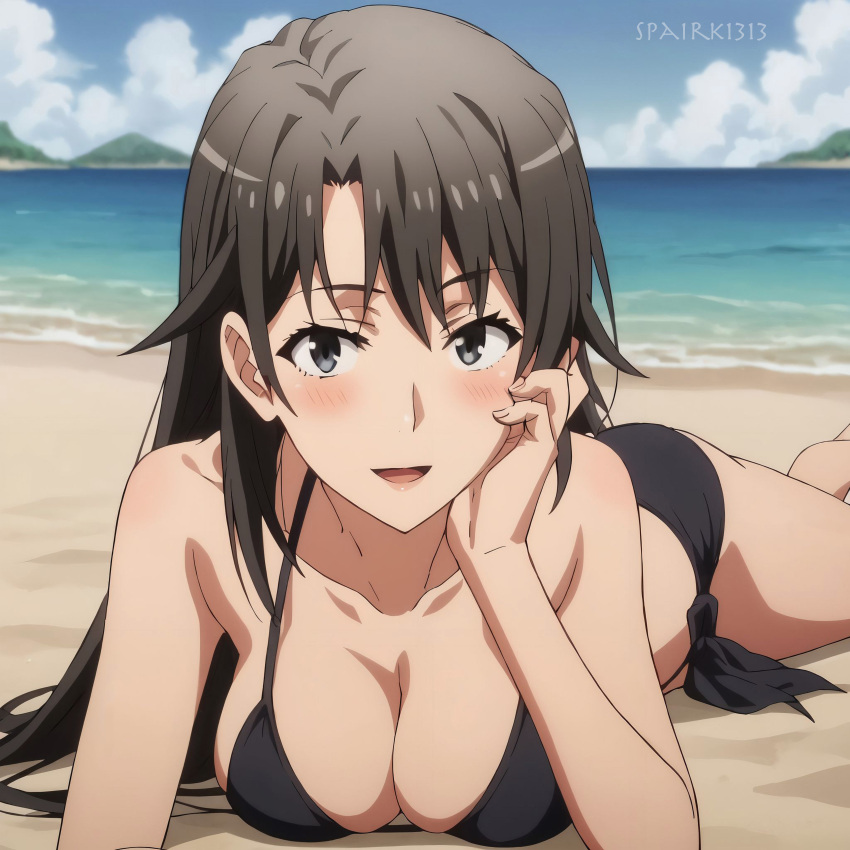 1girl alluring bare_legs beach big_breasts bikini black_hair blue_eyes blue_sky grey_eyes ocean pin_up shizuka_hiratsuka spairk1313 teacher yahari_ore_no_seishun_lovecome_wa_machigatteiru.