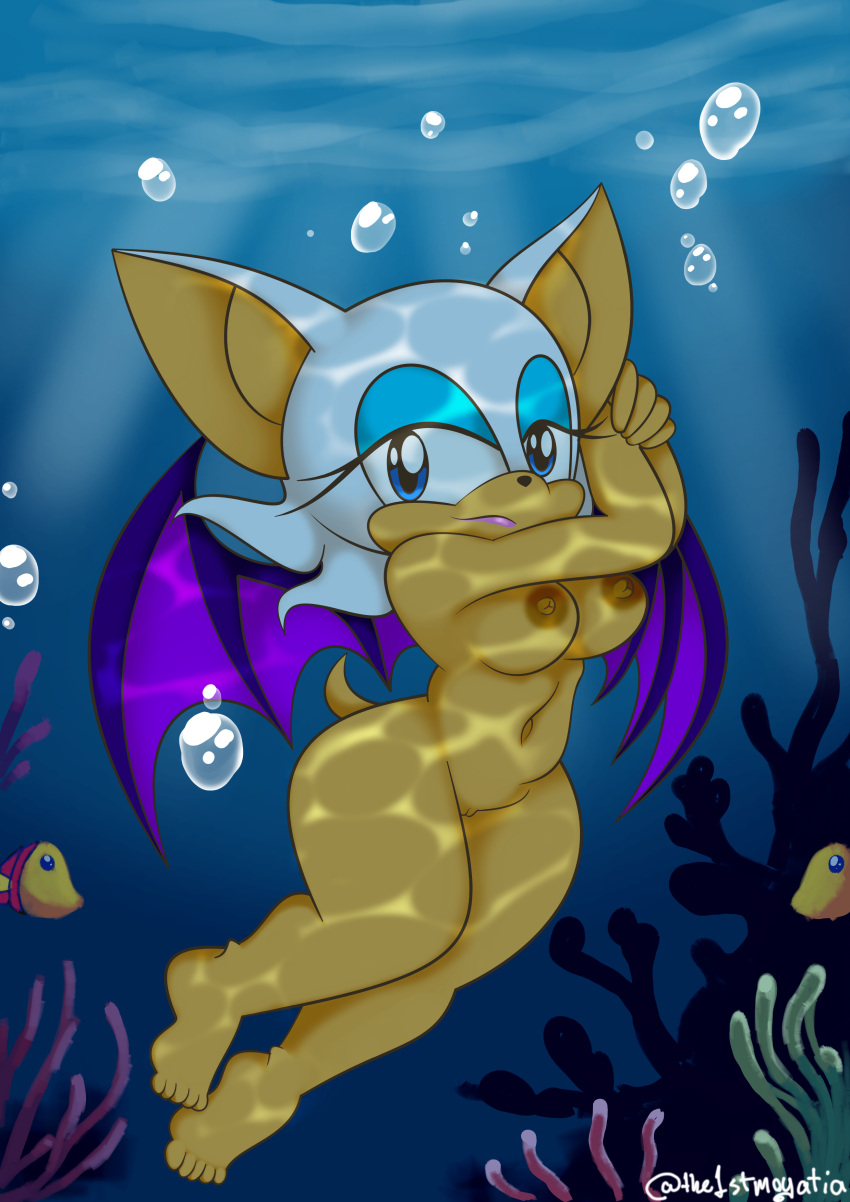 1girl anthro aquaphilia barefoot bat big_breasts breasts bubbles feet female fetish freediving furry looking_at_viewer navel nipples nude ocean pussy rouge_the_bat sea sega skinny_dipping solo sonic_(series) sonic_the_hedgehog_(series) swimming the1stmoyatia underwater water