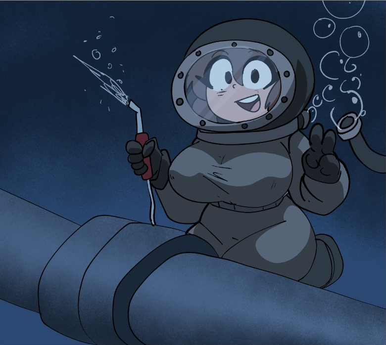 air_bubbles big_breasts brown_hair coolerinker diving diving_helmet diving_suit drowning erect_nipples inker_comics inkershike mona_(inker_comics) nipples_visible_through_clothing ocean peace_sign welding_torch