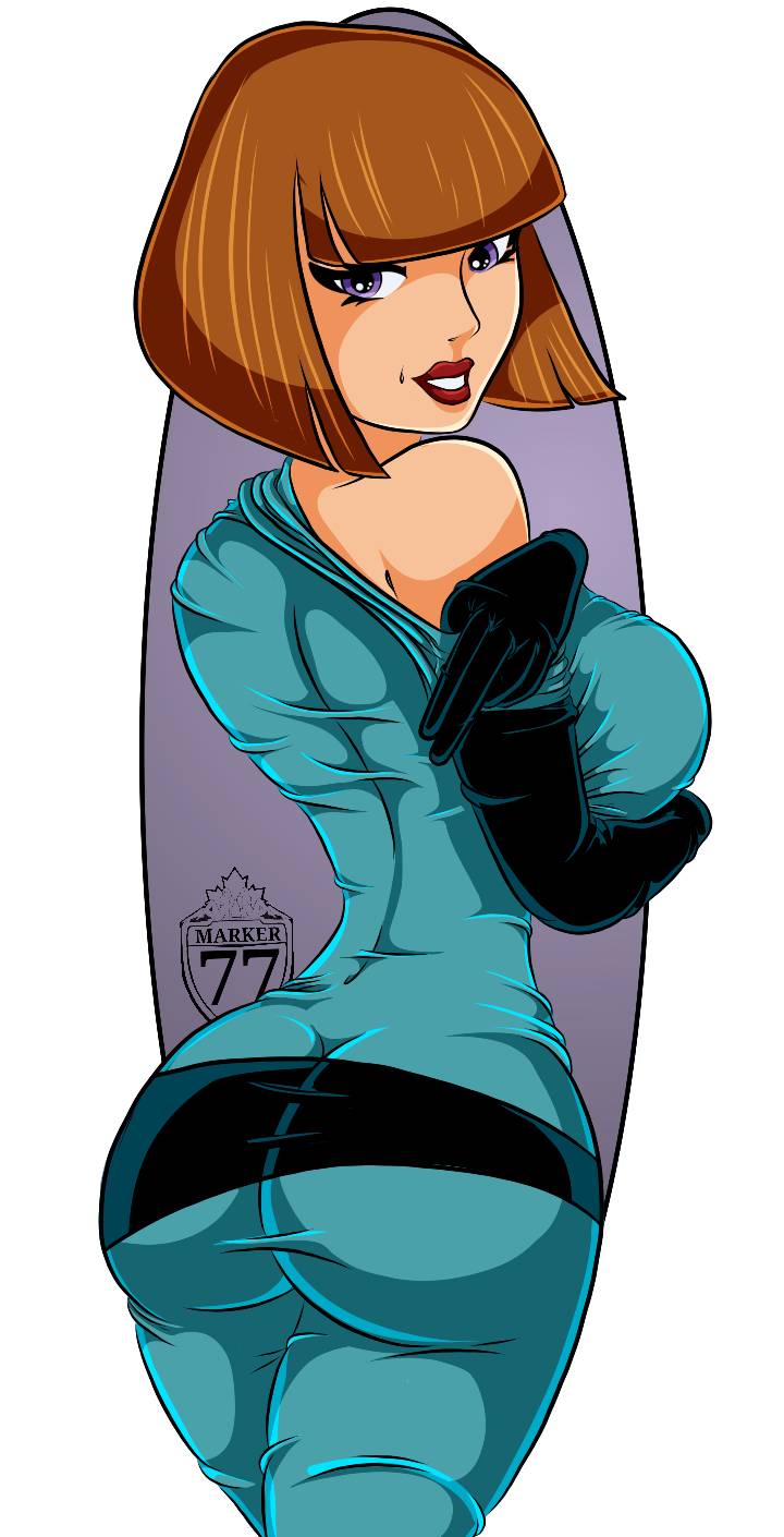 ass big_breasts breasts brown_hair danny_phantom elbow_gloves gloves jumpsuit looking_at_viewer looking_back madeline_fenton marker77 milf pixie_cut purple_eyes undressing undressing_self