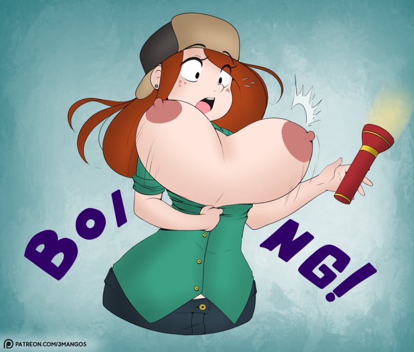 1girl 1girl 1girl 2015 3mangos bouncing_breasts breast_expansion breasts clothing crystal_flashlight disney female_only freckles gravity_falls hat huge_breasts human human_only krimreaper long_hair nipples open_mouth open_shirt pants recolor shirt sketch smooth_skin text ushanka wendy_corduroy