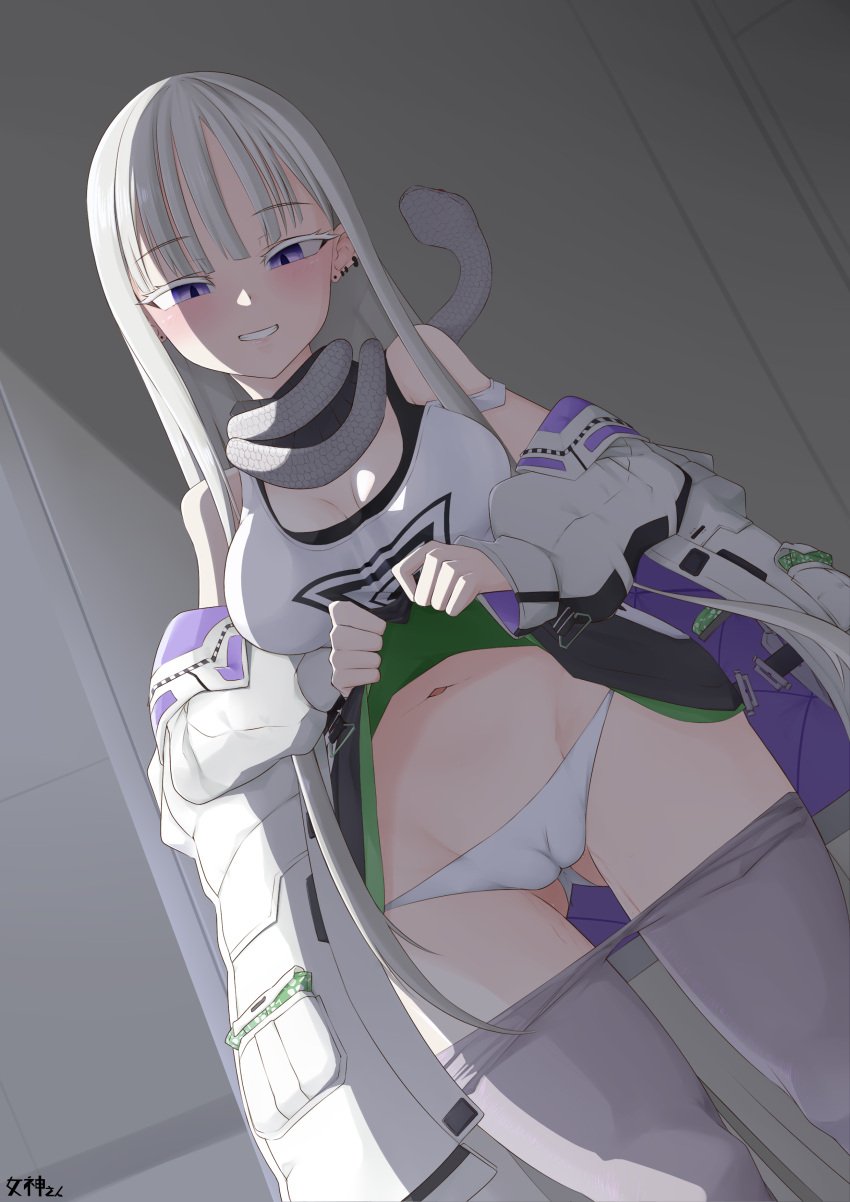 1girl 1girl 1girl bare_shoulders belly_button big_breasts blush breasts cameltoe cheona_(last_origin) cleavage female_only indoors inviting last_origin light-skinned_female looking_at_viewer panties purple_eyes rheah seductive snake tank_top teasing thighs white_hair white_panties