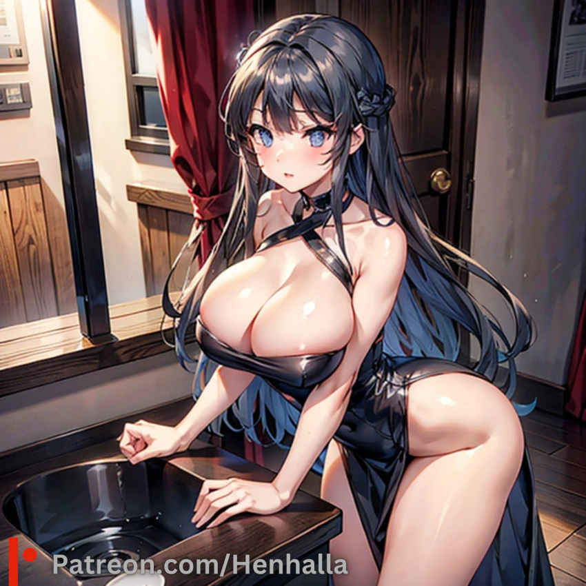 1girl 1girls bedroom big_breasts black_hair blue_eyes breasts dress henhalla mai sakurajima_mai solo_female young younger_female