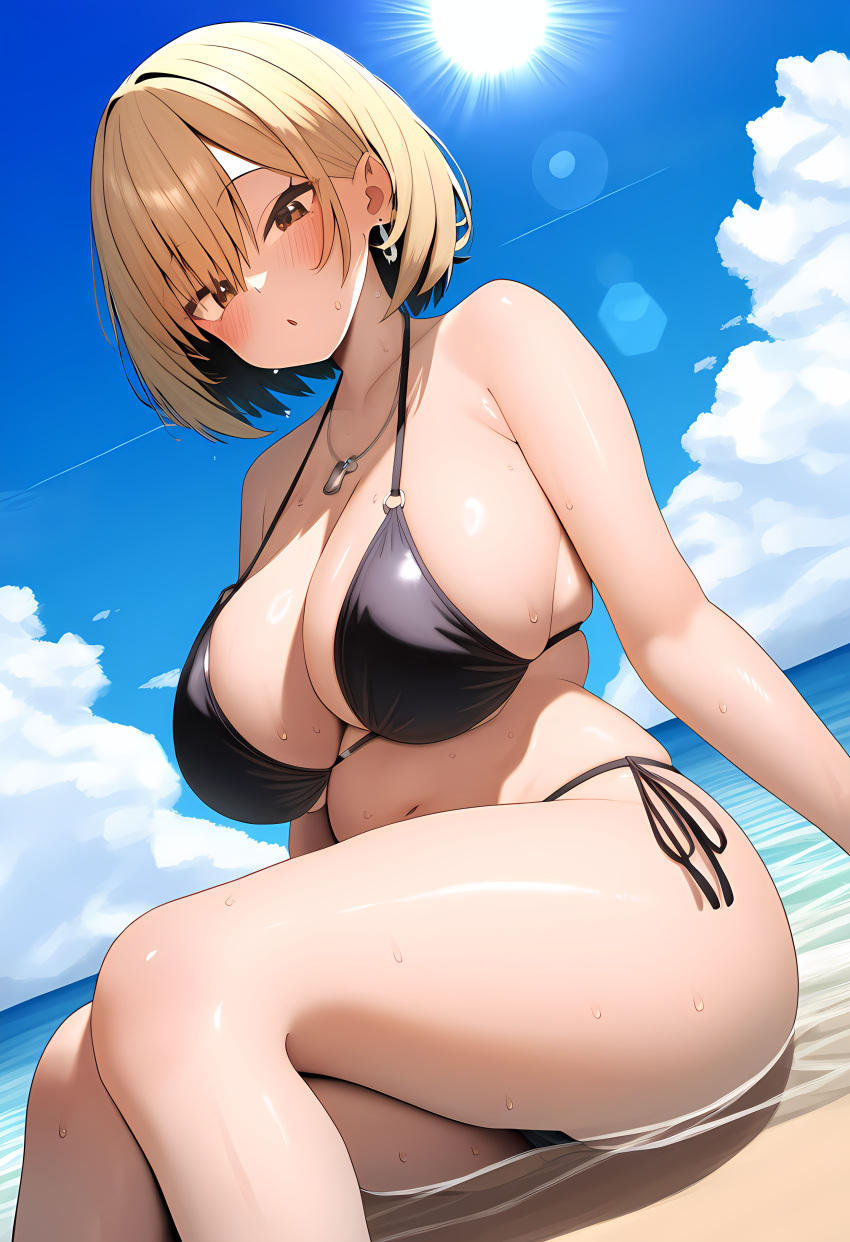 1girl ai_generated beach bikini blush breasts huge_breasts looking_at_viewer navel self_upload short_hair