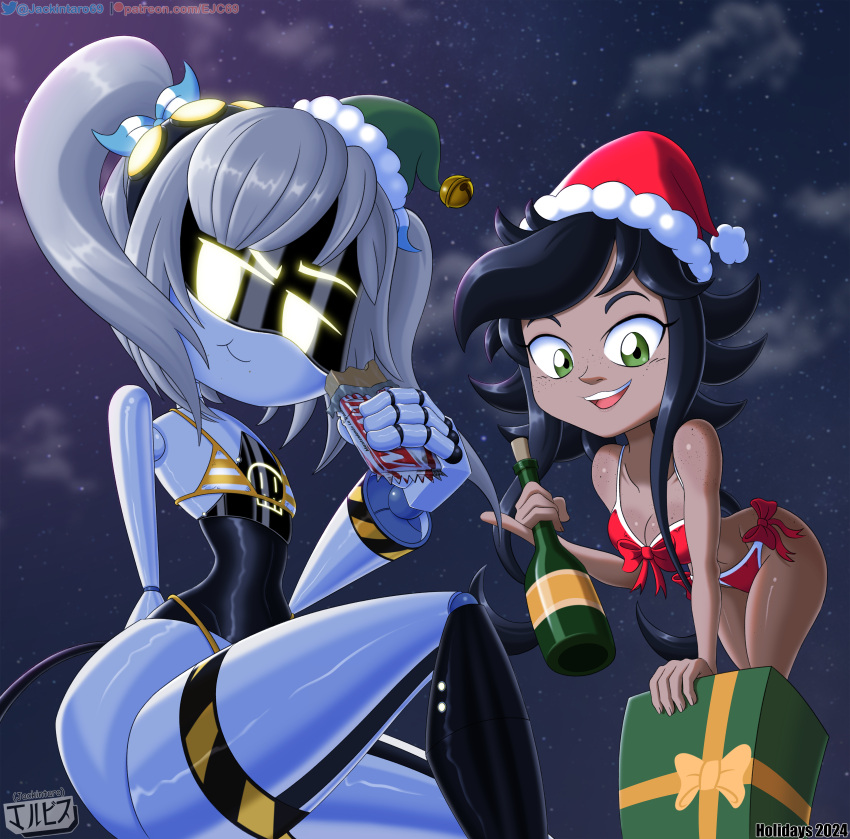 1girl bikini black_hair breasts christmas clothing dark_skin digital_media_(artwork) disassembly_drone fanart food freckles glitch_productions green_eyes grey_hair human humanoid j_(murder_drones) jackintaro looking_at_viewer murder_drones open_mouth outside pigtails ribbon ribbons robot robot_girl smile tail tessa_elliot twin_tails white_body yellow_eyes