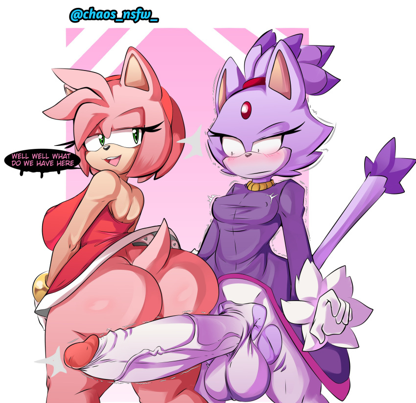 1futa 1girl 2022 5_fingers amy_rose anthro ass balls big_ass big_balls big_breasts big_penis blaze_the_cat blush bob_cut bottomless bracelet cat_ears chaos_nsfw_(artist) clothed clothing dialogue domestic_cat dress english_text erect_nipples erect_tail erection erinaceinae_humanoid eulipotyphlan felid feline furry futanari gloves green_eyes hedgehog huge_cock instant_loss_2koma looking_at_another looking_at_ass looking_at_partner mammal medium_breasts motion_lines muscular_thighs nervous no_panties no_underwear pants penis perky_breasts pink_body pink_fur pink_hair pink_skin ponytail purple_body purple_fur purple_skin red_dress ripped_clothing ripped_pants sega shaking short_hair simple_background small_breasts sonic_the_hedgehog_(series) staring tail text thick_thighs tights torn_pants trembling veiny_penis white_gloves white_penis yellow_eyes