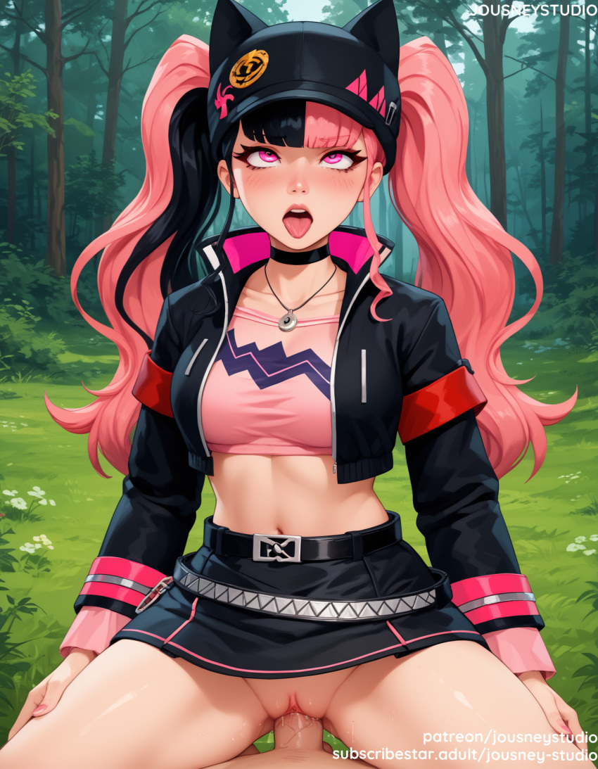 1boy 1girl 1girl ai_generated animal_ears bangs belt black_belt black_choker black_hair black_jacket black_skirt blunt_bangs blush breasts choker clothing cowgirl_position crop_top cropped_jacket earrings english_text forest girl_on_top grass hat headwear hetero jacket jewelry jousneystudio long_hair long_sleeves looking_at_viewer male medium_breasts midriff miniskirt multicolored_hair nature navel necklace nipples on_top open_clothes open_jacket open_mouth outside palworld penis pink_eyes pink_hair pink_nails pussy sex shirt skirt solo_focus spread_legs straddling teeth thighs tied_hair tongue tongue_out tree twin_tails vaginal zoe_(palworld) zoe_rayne