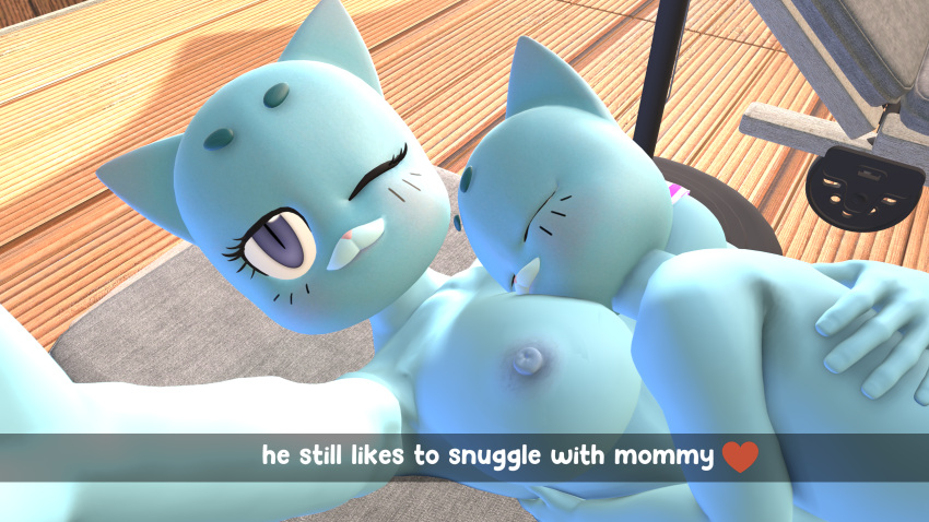 1boy 1girl 3d 3d_(artwork) age_difference big_breasts breasts cartoon_network cub cuddling daemont92 feline female gumball_watterson male milf mother_&_son nicole_watterson nipples nude selfpic snuggling source_filmmaker swimming_pool the_amazing_world_of_gumball